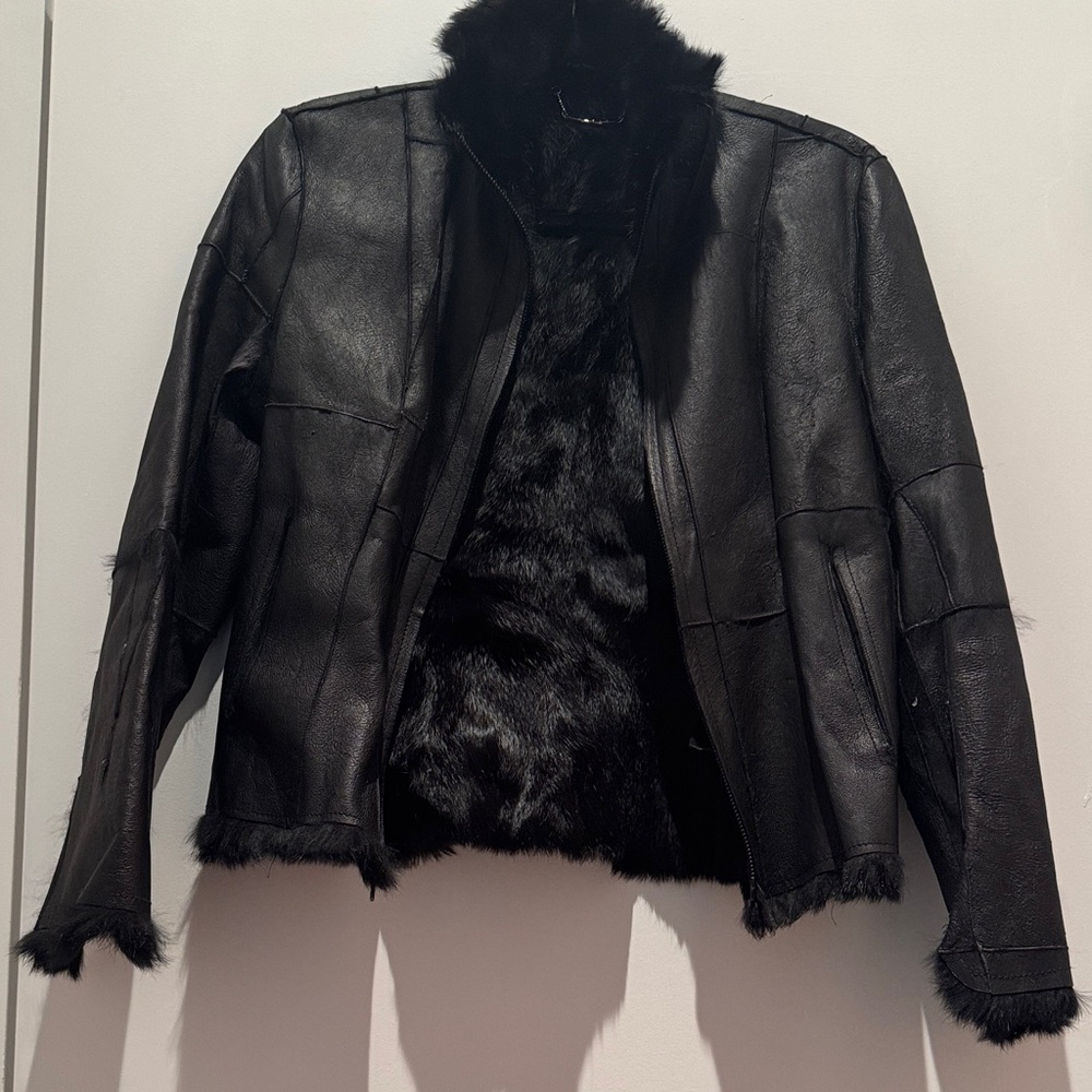 Guess Black Leather Jacket with Rabbit Fur Lining — Size M - Picture 4 of 11